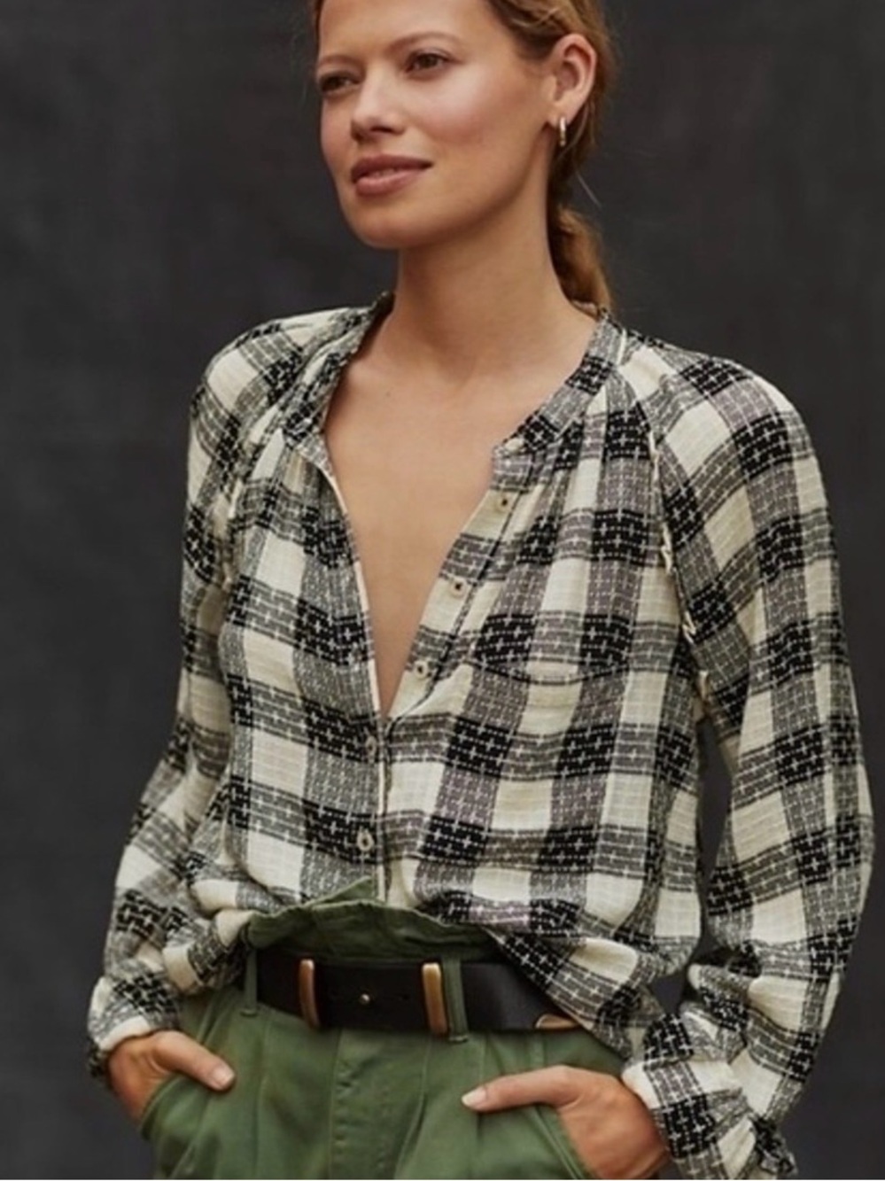 Anthropologie Black & Cream Plaid Button-Down Shirt